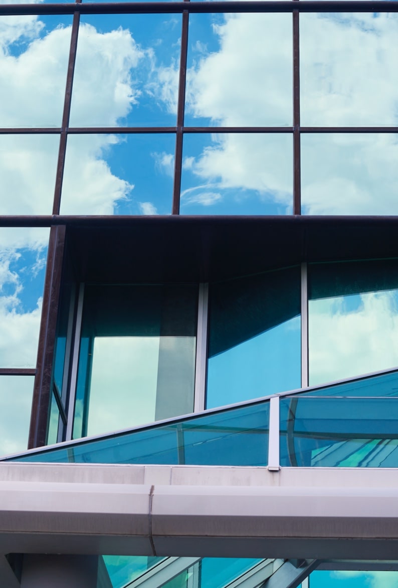 Exterior of glass-paned office building